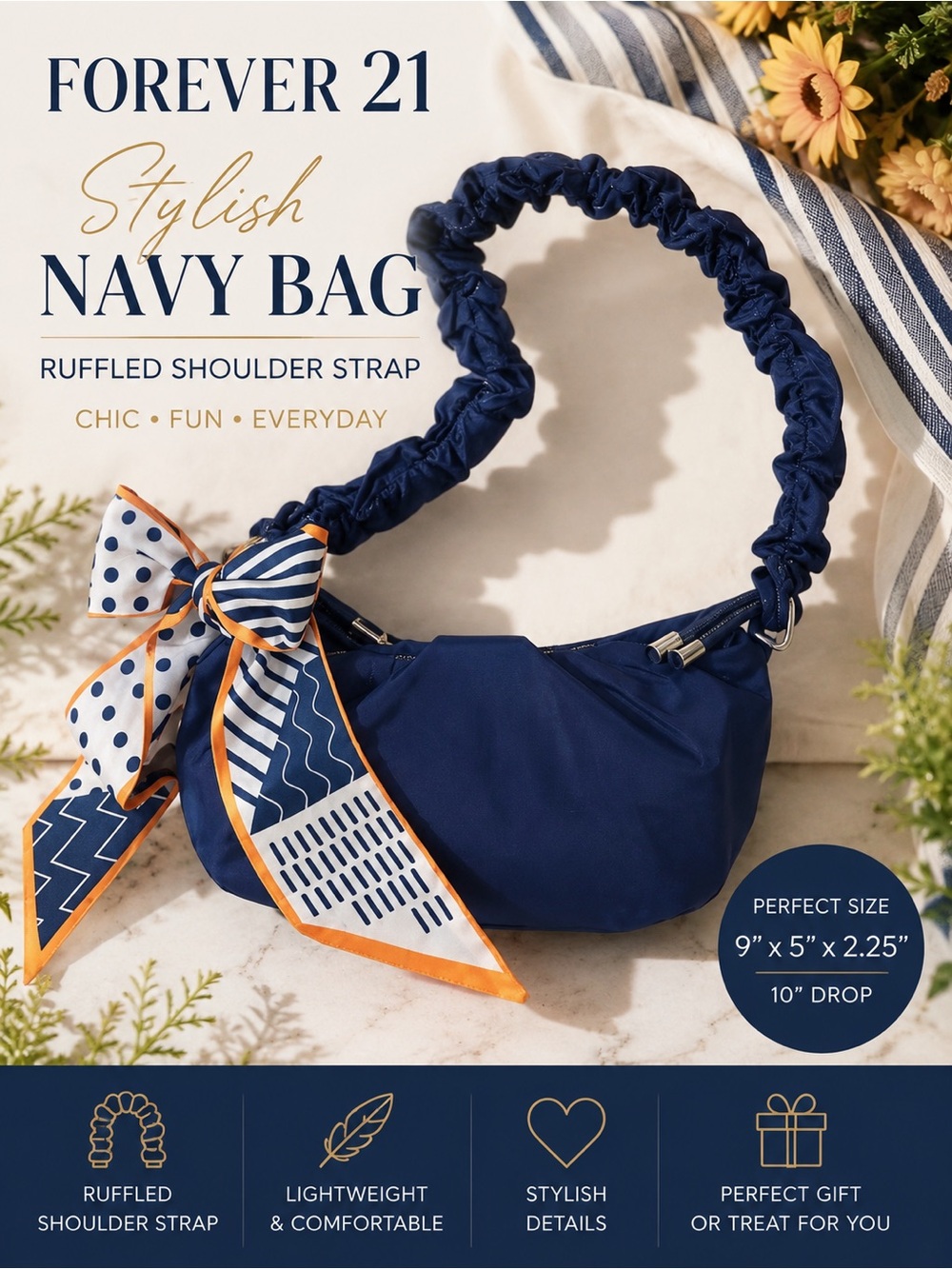 Stylish Forever 21 Navy Shoulder Bag wi/ Ruffled Shoulder Strap Crescent Hob